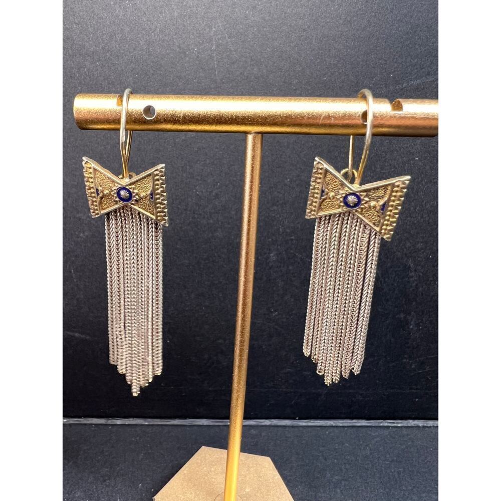 Vintage Turkish sterling silver foxtail fringe enamel bow earrings